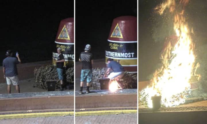 A webcam at Key West&#x27;s southernmost point shows the pair sitting next to the buoy, taking cellphone photos and then setting fire to a Christmas tree in front of the landmark.