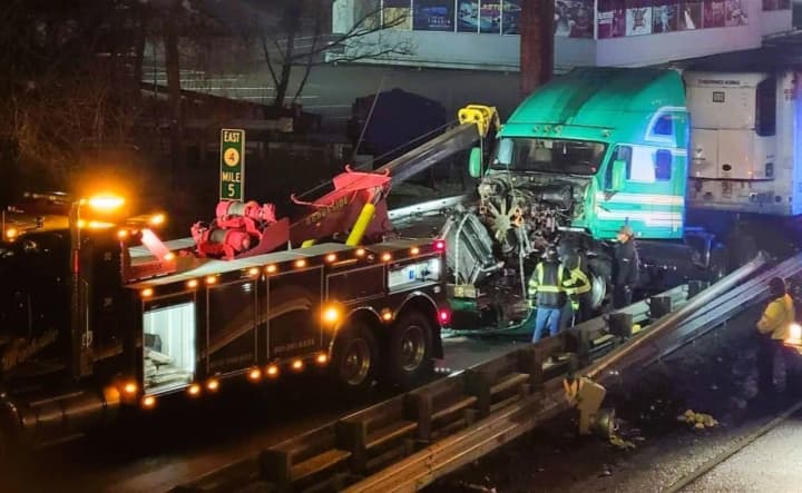 The rig hit the metal railing on eastbound Route 4 just off Main Street shortly after 1:30 a.m. Thursday, March 30, River Edge Police Chief Michael Walker said.