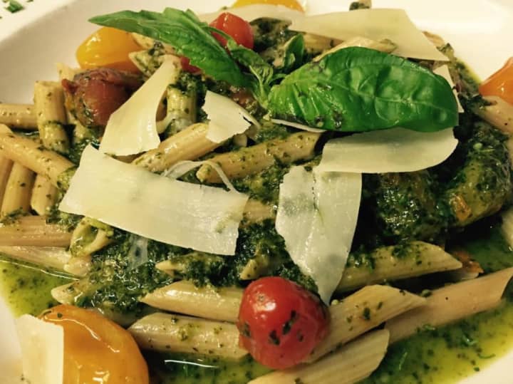 Whole wheat pasta with kale pesto and roasted cherry tomatoes at Luigi&#x27;s in Fairfield.