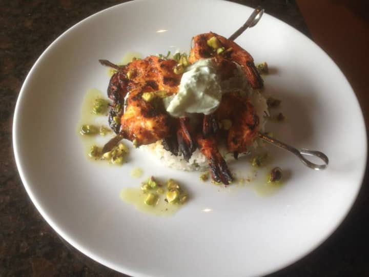 Tandoori Spiced Grilled Shrimp over Coriander &amp; Minted Basmati Rice with Pistachio Citrus Oil from Char Restaurant, located at 2 South Water Street in Greenwich