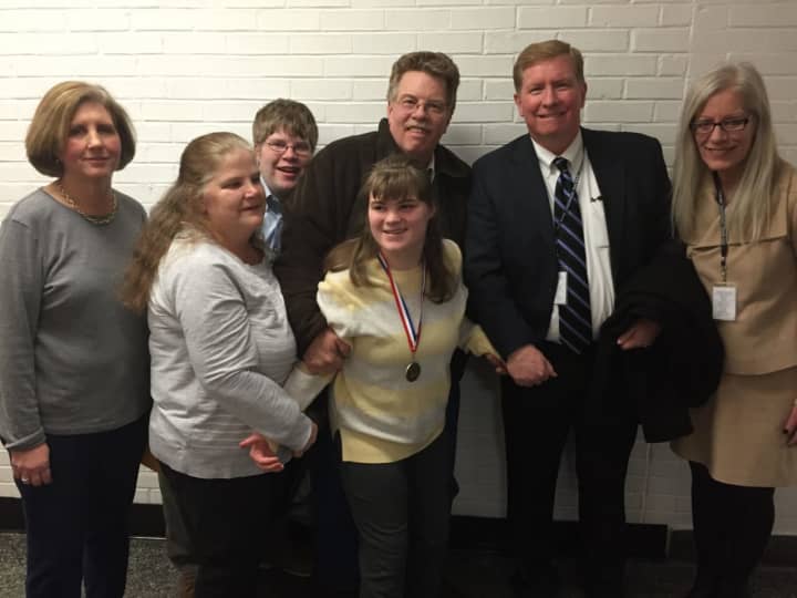 from left, Pines Bridge teacher Andrea Vezos, Debbie Love, Katelyn&#x27;s brother Christopher, Katelyn Love, Peter Love, PNW BOCES Superintendent Dr. James Ryan and PNW BOCES Director of Special Education Shelley Fleischmann
