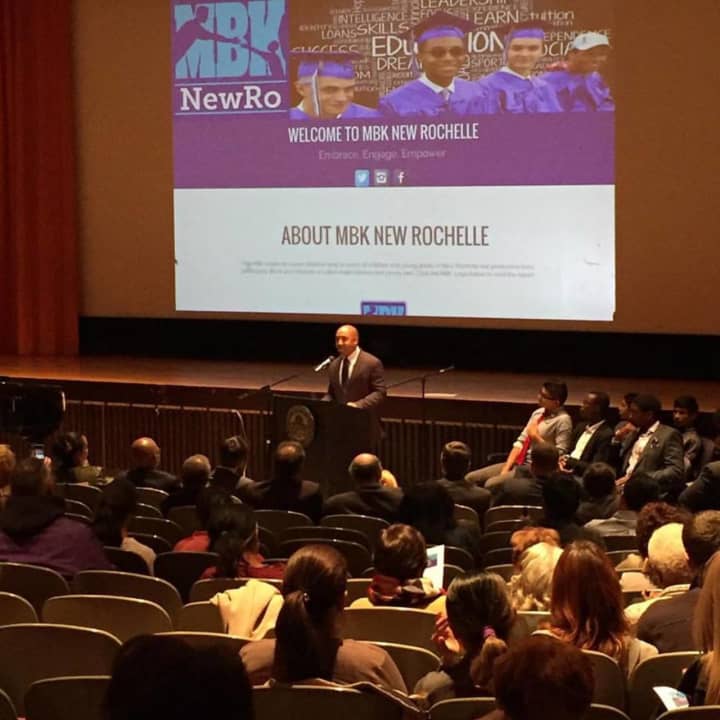 New Rochelle City Councilman Jared Rice introducing the six-step plan the city will take to meet President Barack Obama&#x27;s &quot;My Brother&#x27;s Keeper&quot; challenge. 