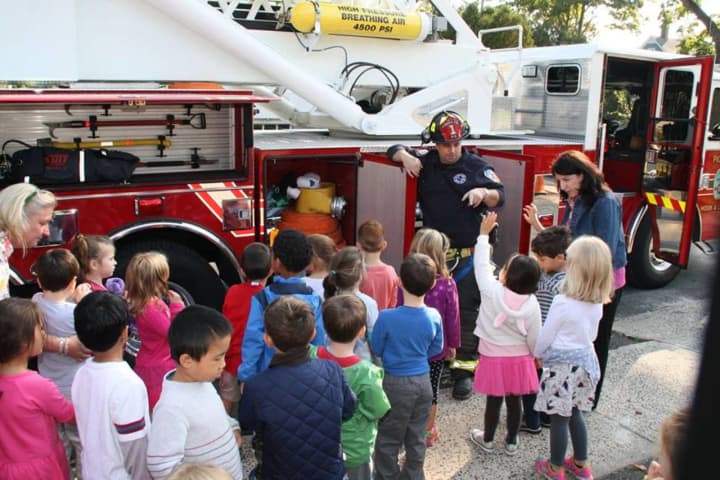 Pleasantville volunteer firefighters gave tours of trucks and talked about fire safety during a recent visit to Bedford Road School in Pleasantville.