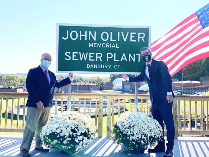 Danbury Mayor Mark Boughton with John Oliver at the city&#x27;s newly minted sewer plant.