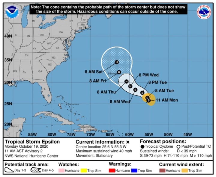 Here&#x27;s the brand-new projected track for Tropical Storm Epsilon, located southeast of Bermuda at midday on Monday, Oct. 19.