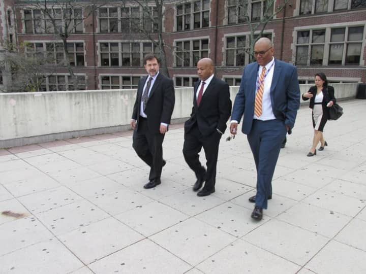 New Rochelle Superintendent of Schools Brian Osborne, New York State Assembly Speaker Carl Heastie and High School Principal Reggie Richardson touring the school grounds.