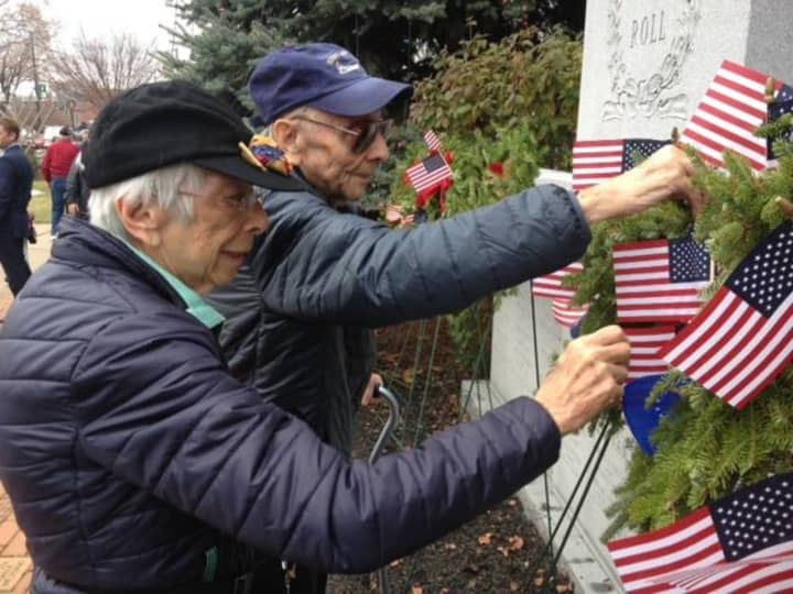 Shirley and Irving Bienstock participate in a past Fair Lawn&#x27;s Wreaths Across America ceremony.