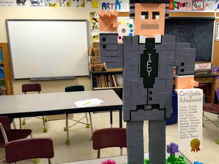 Identify who this man is. He was created by the sixth-grade students in Michael Fry&#x27;s explorative art class at Isaac E. Young Middle School in New Rochelle.