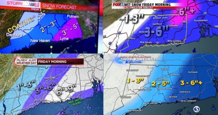The television stations can&#x27;t agree on the snowfall totals for Friday, but the Connecticut State Police say it looks like a messy commute for Friday morning. Drivers should turn on their lights, go slow and increase following distances.