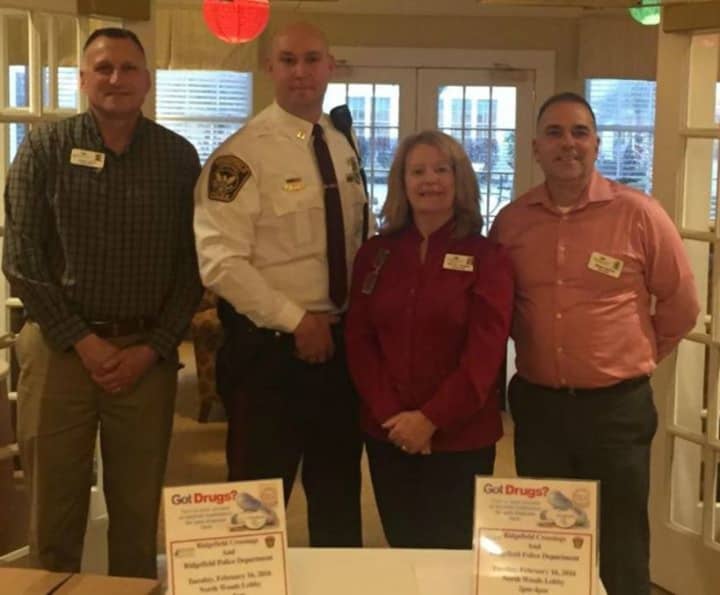 The drug take-back event was run by, from left, Ridgefield Crossings Program Director Kerry Cardinal, Ridgefield Police Department Captain Jeff Kreitz, Resident Care Director Elizabeth Sorensen and Executive Director Bill Crawford
