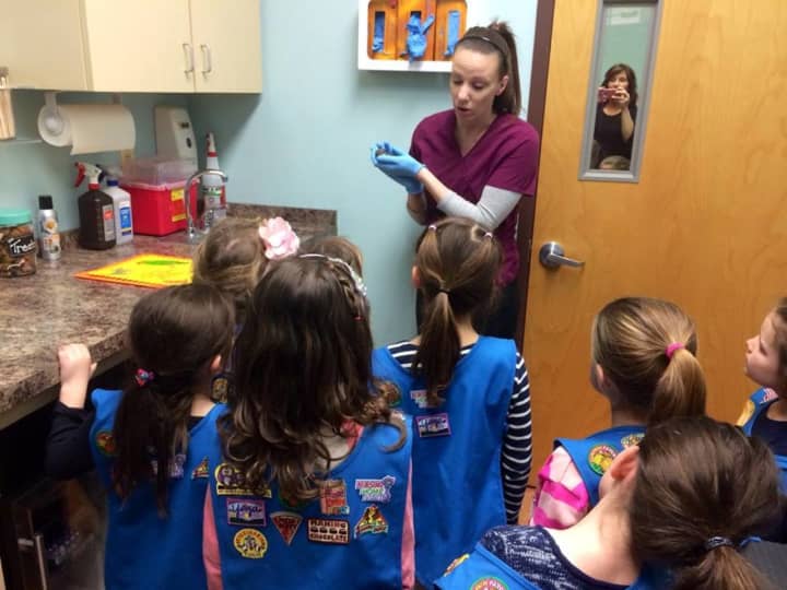Daisy Troop 96912 girls listen as they learn about how Franklin Lakes Animal Hospital treats wildlife.