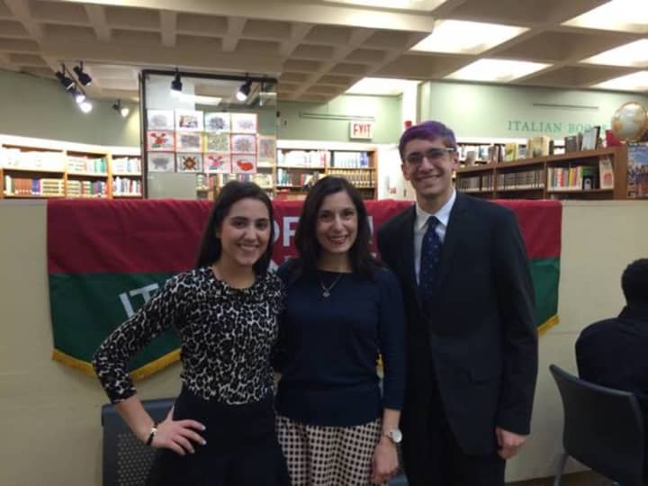 Pelham Memorial High School students Joseph Catalano, right, and Alexa Bastone, left, were honored recently for scholastic excellence in Italian.