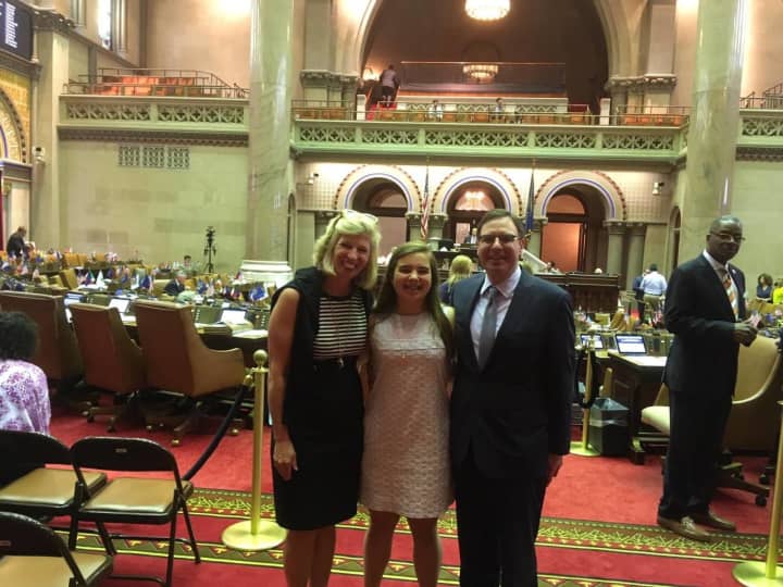There Ought to be a Law contest winner Pelham Middle School student Sarah Jane O&#x27;Connor introduced her bill for state-mandated hearing aid insurance coverage at the New York State Assembly.