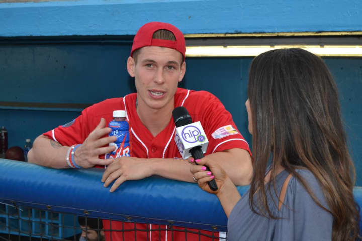 New York Giants punter Brad Wing is interviewed at his Celebrity Softball Game at Dutchess Stadium.