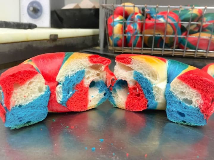 Rainbow bagel anyone? There are lots of crazy flavors at Upper Crust Bagel Company in Old Greenwich.