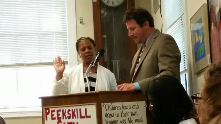 Lisa Aspinall-Kellawon was sworn in recently as president of the Peekskill Board of Education.