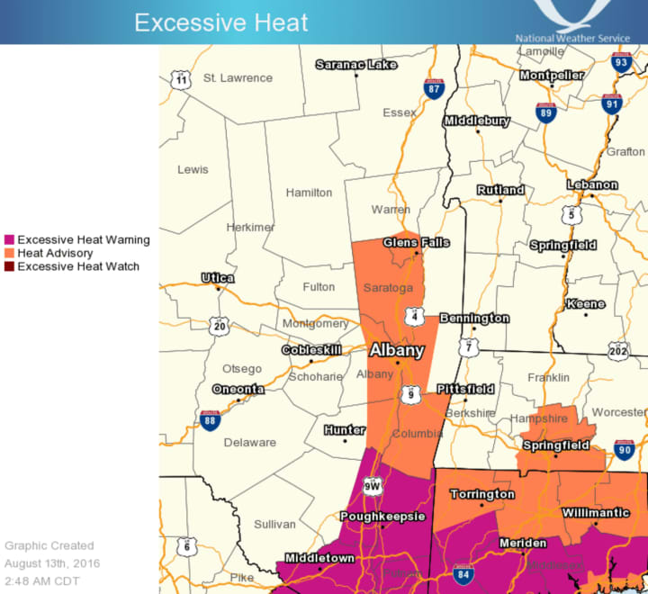 The area in purple is under the Excessive Heat Warning through 7 p.m. Sunday.