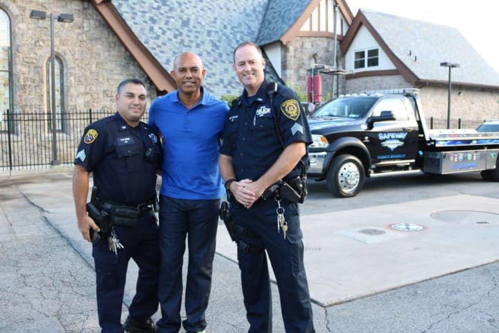 Mariano Rivera with members of the New Rochelle police department in 2016. Rivera is a New Rochelle resident.