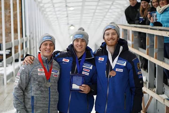 Ridgefield&#x27;s Tucker West, center, poses with silver medalist Taylor Morris, left, and bronze medalist Jonny Gustafson, right, after the 2016 Norton National Championship for luge. West won gold in the event last weekend.