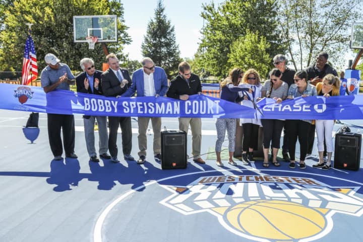 A ceremony marks the reopening of the Bobby Speisman Court in Irvington, N.Y.
