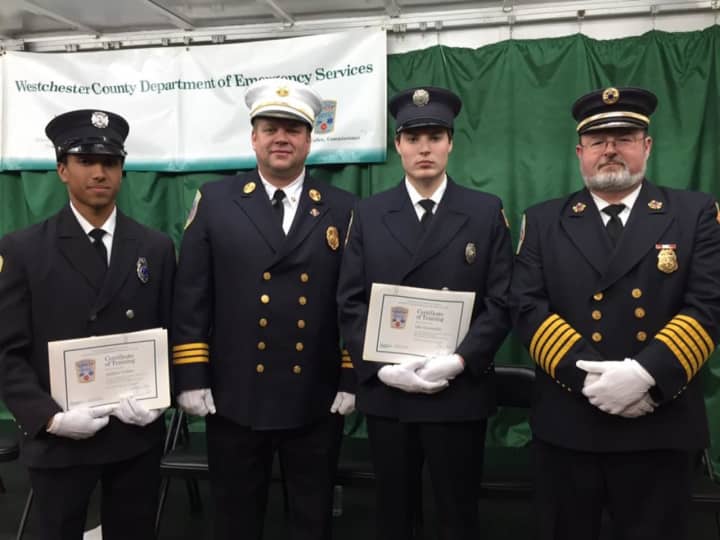Left to right: Probationary Firefighter Andrew Liebler, Asst. Chief Christopher Pesavento, Probationary Firefighter Jake Dominello, Deputy Chief Stephen Dominello