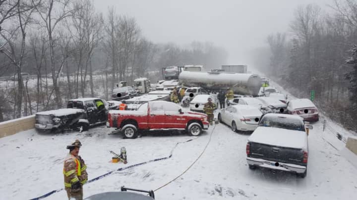 A massive pileup of cars closed I-91 near Middletown on Saturday. The crash involved at least 20 cars and three tractor-trailers.