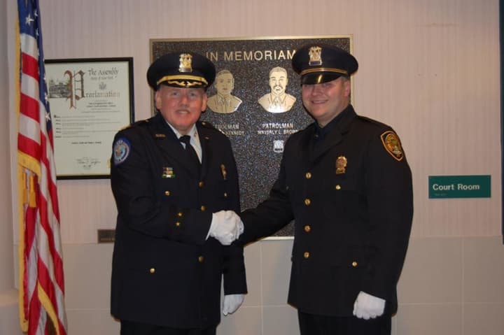 Orangetown Officer Brian Domitrovits (right) was recently promoted to detective with the Youth Division of the department&#x27;s Detective Bureau.