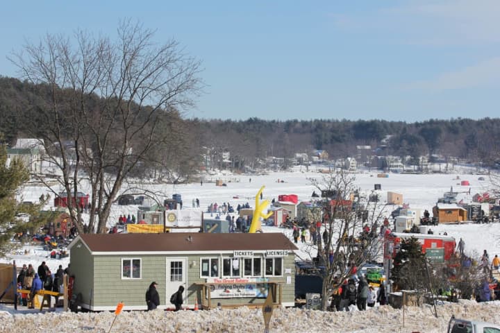 Thousands were at Lake Winnipesaukee in New Hampshire for the Meredith Rotary Club Ice Fishing Derby.