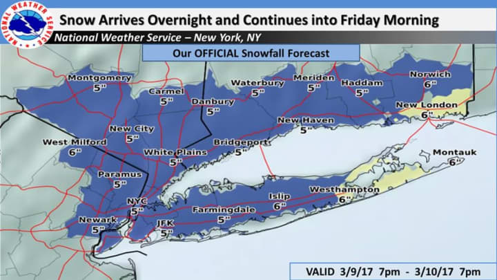 A look at snowfall projections for Westchester, Putnam and Rockland released late Thursday by the National Weather Service.