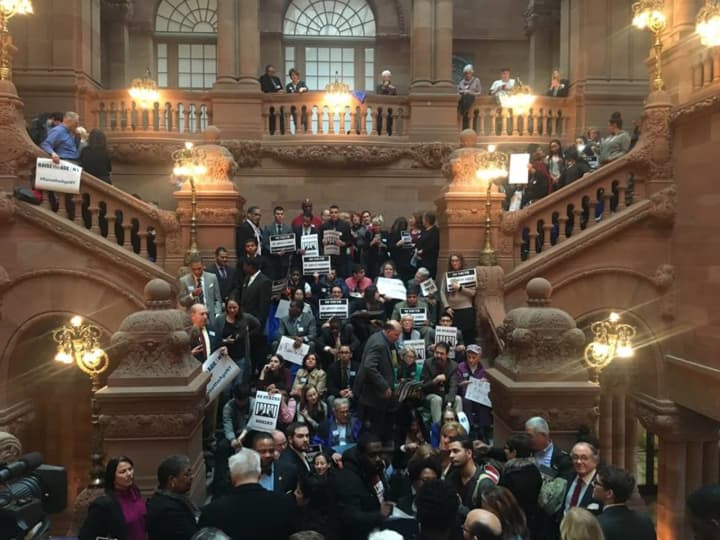 Advocates for Westchester Children&#x27;s Association&#x27;s &quot;Raise the Age&quot; campaign, which pushed to raise the age of criminal responsibility young adults from 16 to 18 years old, protested at the New York State Capital Building.