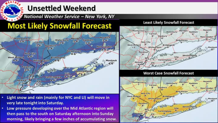 The latest snowfall projections, released Friday morning by the National Weather Service, show parts of Fairfield County could get up to half a foot of snowfall accumulation.