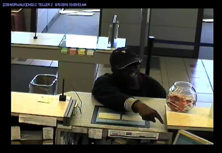 Surveillance footage of the suspect in the robbery at the Webster Bank on Connecticut Avenue in Norwalk.
