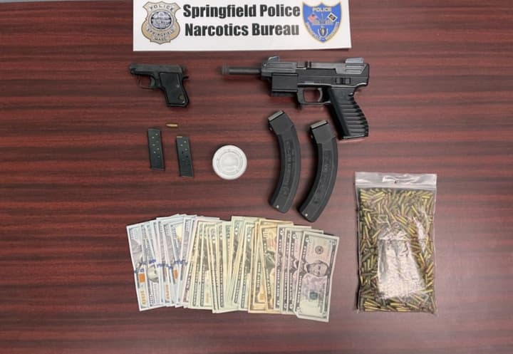 A Springfield man was busted with alleged guns, drugs, and cash during a warrants search of his home.