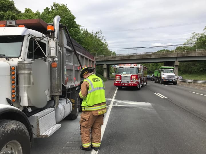 A small fire was doused under a dump truck on eastbound I-84 between Exits 8 and 9. The Stony Hill Volunteer Fire Company is on the scene.