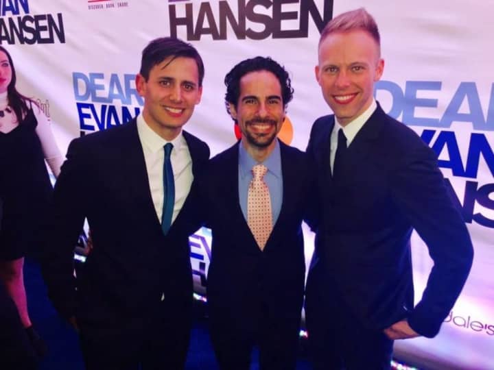 Justin Paul, far right, with Alex Lacamoire, middle, and Benj Pasek.