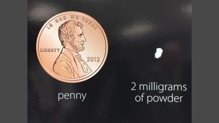 The deadly opioid Carfentanil is often disguised as heroin. This shows what a lethal 2 milligram dose of Carfentanil looks like when compared with a penny.