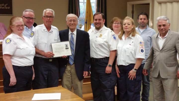The Harrington Park Ambulance Corps received proclamation by Mayor Paul Hoelscher (Center).