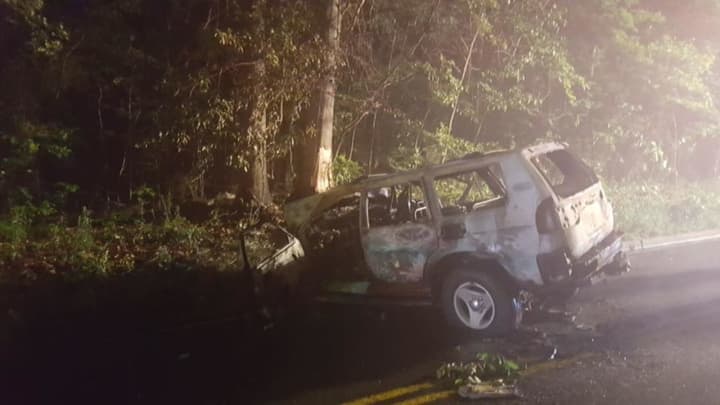 A driver was burned after his vehicle burst into flames following an crash.