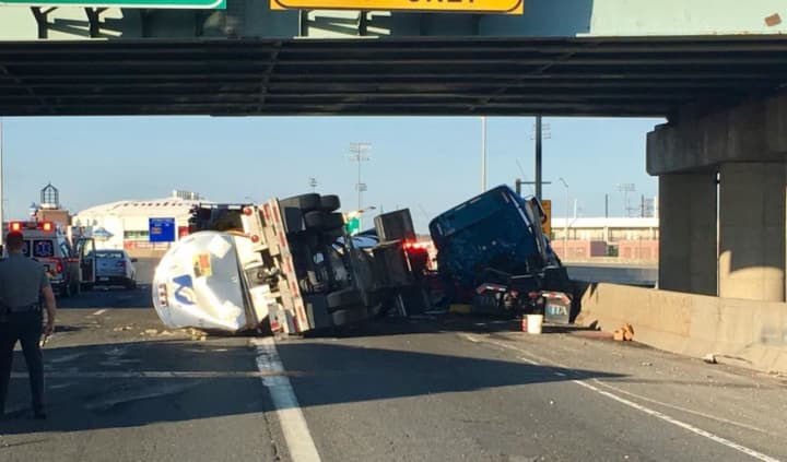 A rolled over tractor-trailer blocked I-95 north between Exits 27 and 27A in Bridgeport on Sunday evening.