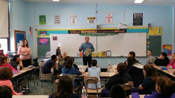 Assemblyman Timothy Eustace visits Helen I. Smith Elementary School in Saddle Brook. The school plans a casino night fundraiser in March.