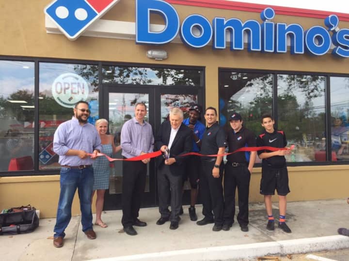 The ribbon-cutting at the new Domino&#x27;s Pizza in Bethel on Saturday morning.