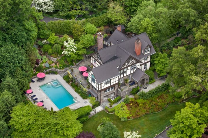 An aerial view of 29 Prescott Avenue in Bronxville which features six fireplaces.