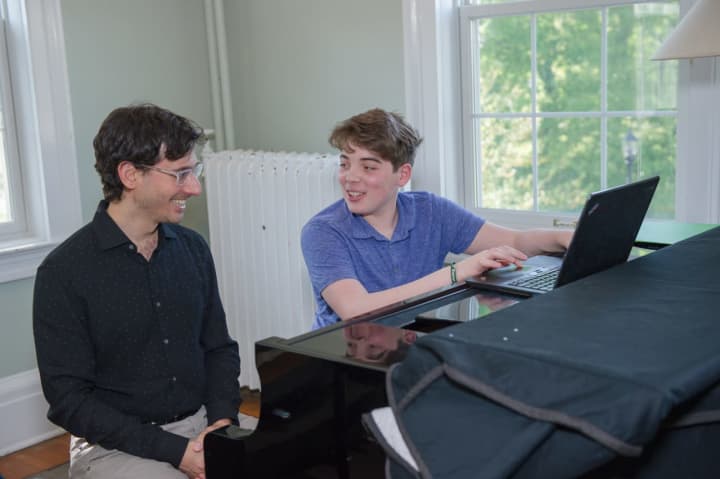 Concordia Conservatory Songwriting and Composition faculty, Dr. Matt Van brink with student Jonah Dichter. Student concerts are this week.