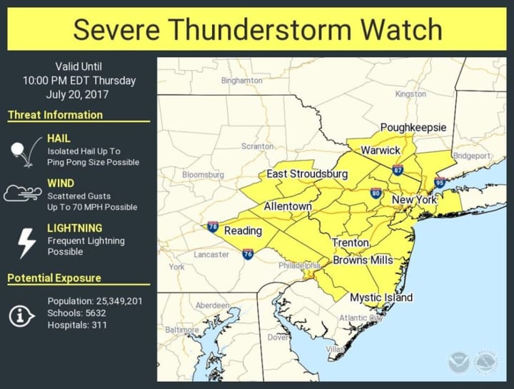 A look at areas, including Westchester and Rockland, covered by the Severe Thunderstorm Watch.