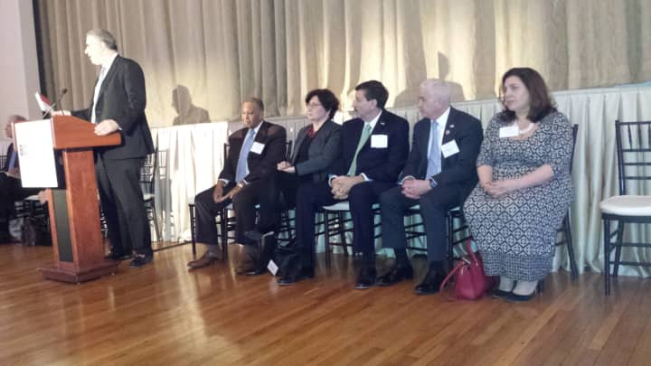 John Ravitz, left, chief operating officer and executive vice president of the Business Council of Westchester moderated a Political Leadership Series event introducing members of the county Board of Legislators on Tuesday night in White Plains.