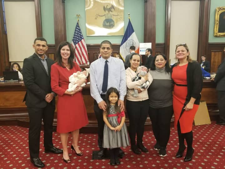 Speaker of the New York City Council Melissa Mark-Viverito, far right, and Council Member Elizabeth Crowley (District 30), with the Roman family of Dumont.