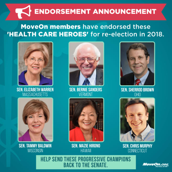 MoveOn.org said it is endorsing six senators for re-election who are ‘Health Care Heroes’ for helping to lead effort to stop Trumpcare from becoming law and for embracing progressive policies in the Trump era.