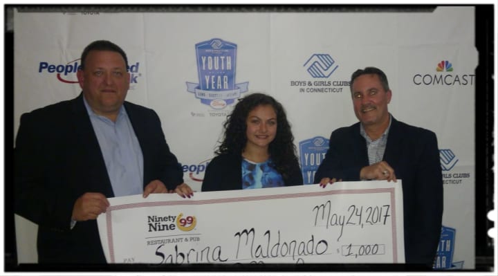 Rich Williams, operations director for Ninety Nine Restaurants, left, poses with Sabrina Maldonado, 2017 Connecticut Boys &amp; Girls Club State Youth of the Year, and Brian Casey, operations director, Ninety Nine Restaurants.