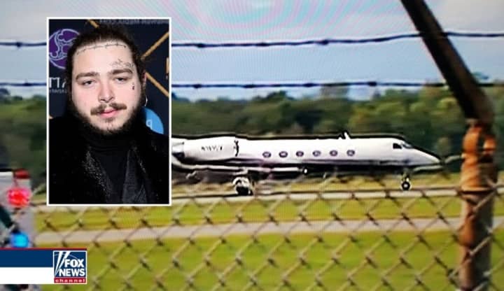 The jet with Post Malone and 15 others aboard landed safely at Stewart.