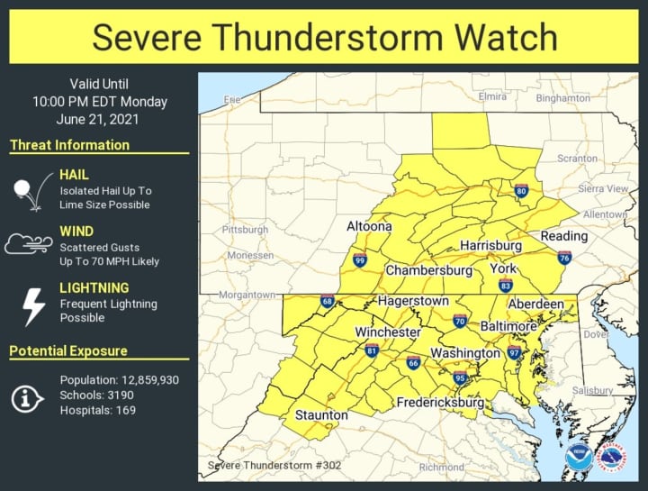 A severe thunderstorm watch map of Pennsylvania.